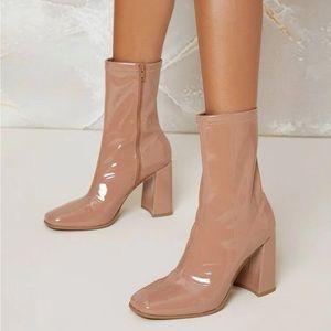 Vegan patent leather zip up block heel ankle boots